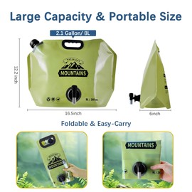 Coipdfty Water Jug Camping 2.1 Gallon Collapsible with Spigot, BPA Free Portable Water Pouch Foldable Water Bags for Outdoor Hiking, Travel and Emergency & Water Storage Containers (Green-4Pcs)