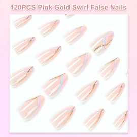 24Pcs Pink Almond Short False Nails - Glossy Glitter Press on Nails with Gold and Blue Swirl - Full cover Medium Fake Nails with glue - Removable Coffin Oval Stick on nails for Women Girls Nail Art