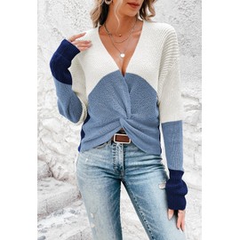 Pink Queen Women's Fashion Long Sleeve Color Patchwork Crop Wrap Sweater Trendy V Neck Loose Fit Twist Knot Pullover Jumper Tops Blue XL