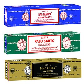 Satya Meditation Mix Incense Sticks 3-Pack Assortment | Slow-Burning, Long-Lasting Nag Champa, Palo Santo & Black Gold (15g Each)