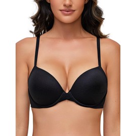Deyllo Women's Push Up Bra Padded Underwire T-Shirt Smooth Plunge Deep V Lift Up Add One Cup(Black,34B)