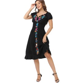 2025 Women's Mexican Embroidered Dress Casual Bohemian V-Neck Short Sleeve Floral Wedding Party Dress (L, E34BK) Black