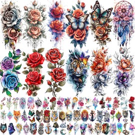 69 Blatt Bunt 3D Rosen Blüten Temporäre Tattoos Damen Frauen Mädchen Klebetattoos Erwachsene, Realistisch Pfingstrosen Blumen Fake Tattoo Aufkleber Traumfänger, Aquarell Tattoo Schmetterling Tiger