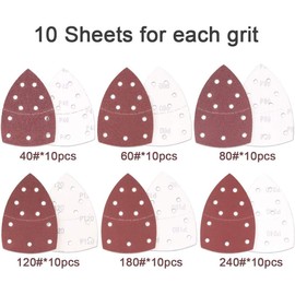60pcs Mouse Detail Sander Sanding Pads 11 Holes Hook and Loop Sandpaper Triangle Sanding Pads Loop Assorted Sanding Sheets (40/60/80/120/180 Grit)