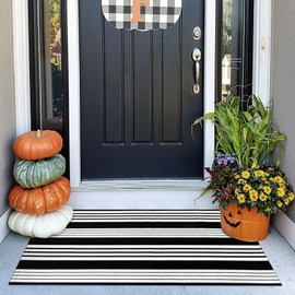 OJIA Cotton Black and White Striped Rug 2x4 Hand-Woven Indoor/Outdoor Area Rug Layered Door Mats for Front Porch/Entryway/Laundry Room/Bedroom/Outdoor