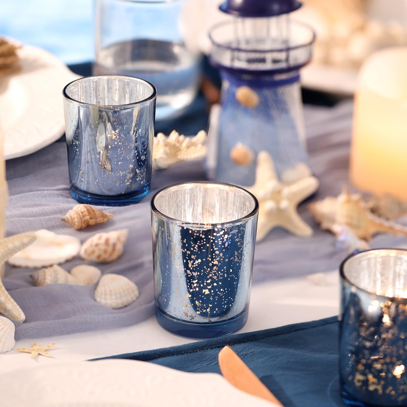 Volens Blue Votive Candle Holders Bulk, Mercury Glass Tealight Candle