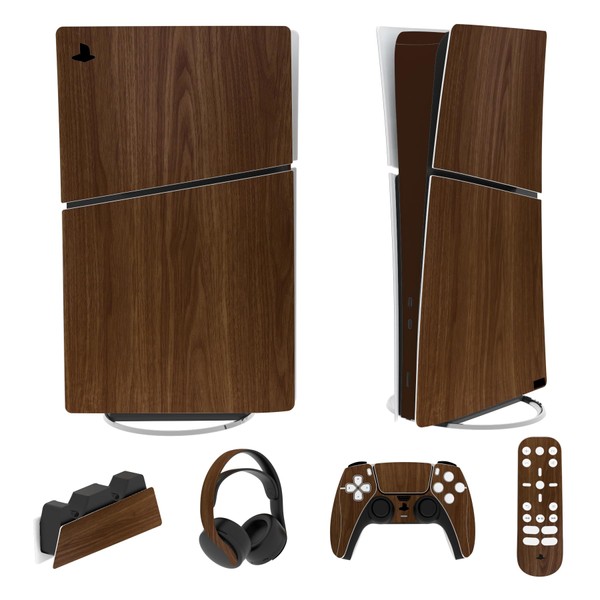 PlayVital Full Set Skin Sticker for ps5 Slim Console Digital Edition (The New Smaller Design), Vinyl Skin Decal Cover for ps5 Controller & Headset & Charging Station & Media Remote - Wood Grain