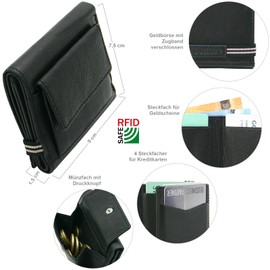J.Jones Slim Wallet with Coin Compartment and RFID Protection, Genuine Leather Mini Wallet with Pop Up Card Case, Black, black, Minimalist