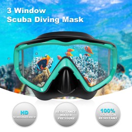 Snorkel Set Pano 3 Adult Snorkeling Gear, Professional Anti-Fog Diving Mask and Dry Top Snorkel, Tempered Glass Scuba Swim Mask for Freediving, Snorkeling and Swimming (Black/Ocean Green Set)
