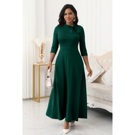 FANDEE Maxi Dress for Women Long Dress Elegant A Line 3/4 Sleeve Bow Tie Neck Casual Party Church Dresses with Pockets Green M