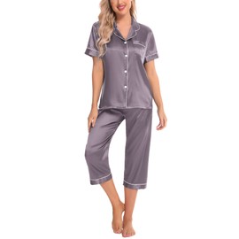 SWOMOG Satin Pajama Set Women Silk Pjs Set Short Sleeve 2 Piece Button Down Sleepwear Lounge Sets