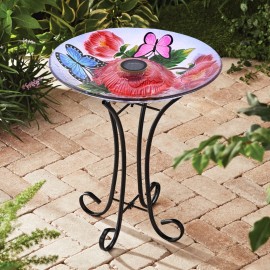 Hi-Line Gift Solar Glass Bird Bath W/Metal Stand-Peonies Summer Water Fountain Garden Decor