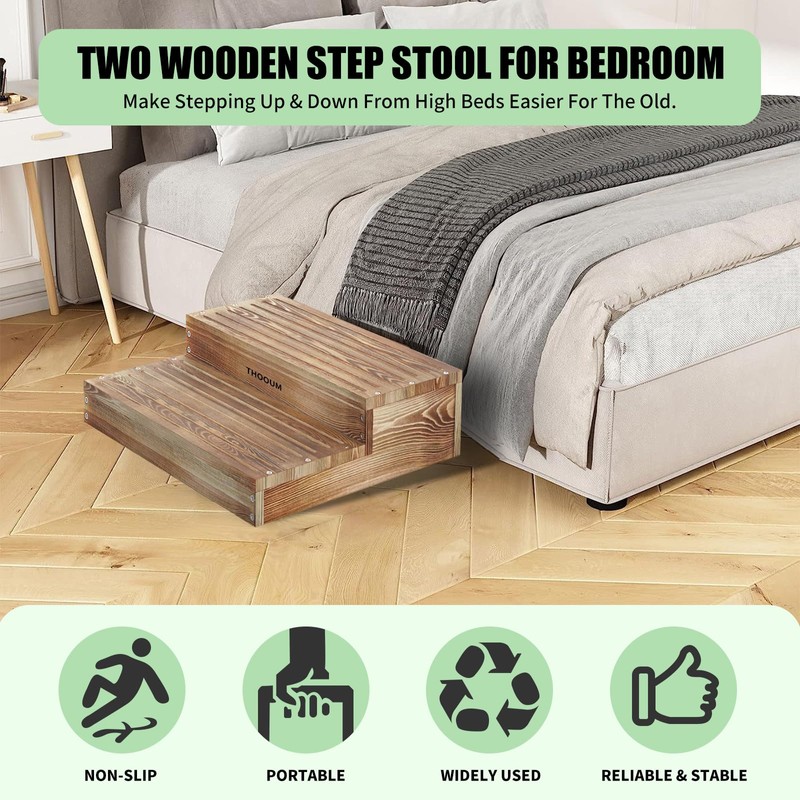 Wooden 2 Step Stool for High Beds, Moderate & Applicable