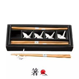 JapanBargain 5 Reusable Bamboo Chopsticks Porcelain Crane Rest Stand Gift Set White 4824