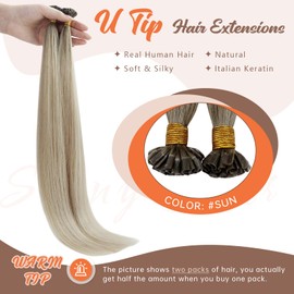 Sunny Hair U Tip Hair Extensions Human Hair for Party Hot Fusion Hair Extensions Ombre Ash Blonde Balayage Platinum Blonde U Tip Keratin Hair Extensions Invisible K Tip Hair Extensions 16in 50g 50s