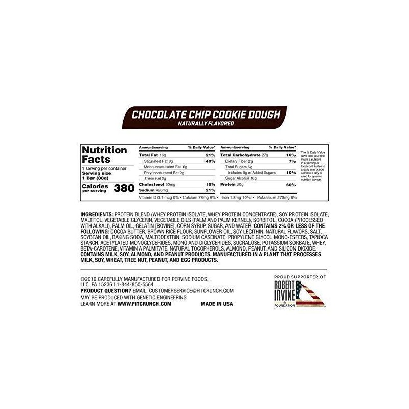 FITCRUNCH Protein Bars (12 Bars, Chocolate Chip Cookie Dough)