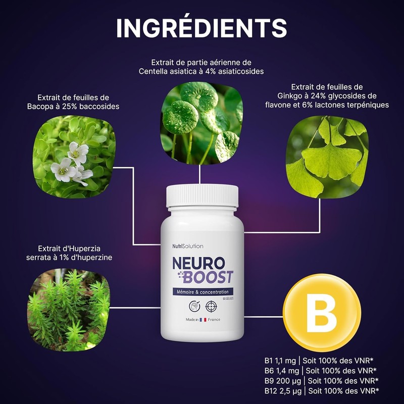 NeuroBoost: Dietary Supplement with Ginkgo Biloba, Vitamin B12 & Herbal