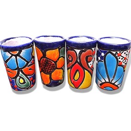 MEXTEQUIL - Exclusivo Set de 4 Caballitos Tequileros de Cerámica con Estilo Talavera: Elegantes Vasos Tequileros para Shots de 60 ml (Flores)