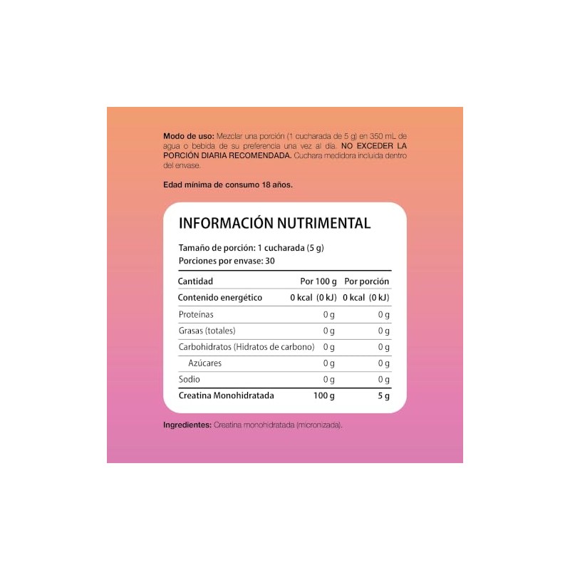 Creatina Monohidratada Micronizada: 5 g por porción, Sin Sabor