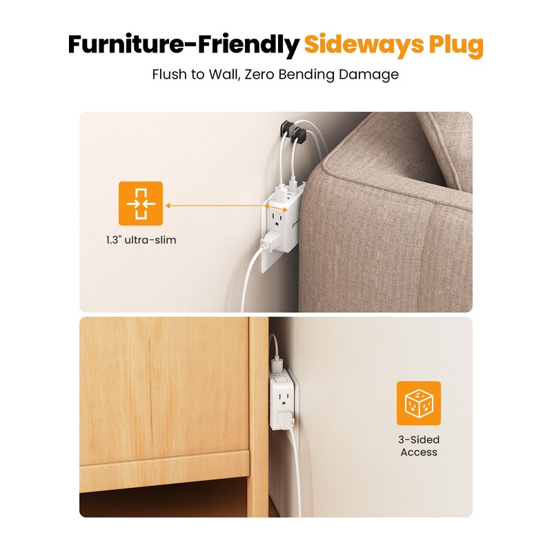 HONIZER Flat Outlet Extender with 4AC Side Outlet,Multi Plug with
