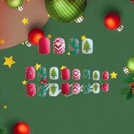 Christmas Tree Press on Nails Candy Cane Stick on Nails Xmas Polka Dots Acrylic Fake Nails 24 Pcs Short Square Matte Red Love Heart False Nails New Year Cartoon Gel Glue on Nails for Women Girls