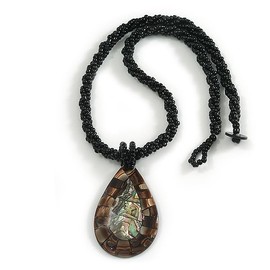 Avalaya Teardrop Shell Pendant on Black Bead Twisted Cord Necklace in Brown/Abalone Colours - 44cm Long