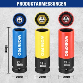 WORKPRO Radschrauben-Nuss-Set, 3-tlg. Steckschlüssel-Satz, Kraft-Schoneinsätze Set, mit Schutzhülle, 1/2" Antrieb, Dünnwand-Design, Cr-Mo-Stahl, 17 mm,19 mm,21 mm, mit Aufbewahrungsbox