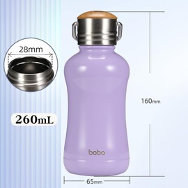 YOHKOH Mini Insulated Water Bottle with Bamboo Lid - 250ml Small Vacuum Insulated Water Bottle for Women and Kids, 12 Hours Hot and 24 Hours Cold, BPA Free (250ml, Purple)