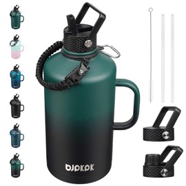 BJPKPK 1 Gallon Water Bottle Insulated with Straw Lid, 50oz,64oz,87oz,128oz Large, Stainless Steel Water Bottles with 3 Lids and Paracord Strap,Double Wall Vacuum Metal Water Jug,Army Green&Black