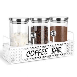 DYGZBLHT Glass Coffee Containers with Shelf 3x 47oz Coffee Station Organizer Glass Coffee Bean Storage with Spoon Coffee Canister Set Jars for Coffee Bean Ground Nuts