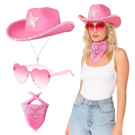 SGFNXB Pink Cowboy Hat, Cowboy Hat Women, 3 Piece Set with Hat, Bandana and Sunglasses for Western Themed Parties, Bachelorette Nights and Music Festivals