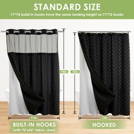 Nesphy No Hook Boho Shower Curtain and Snap in Liner Set, Black Chic Textured Tufted Chevron Striped Cloth Double Layers Waterproof Washable Fabric Mesh Top Window Bath Curtain 71x74 Inch