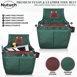 NUTUCH Nylon and Leather Tool Belt | Nylon Tool Pouch | Carpenter | Construction | Framers | Electrician Tool Belts | Drywall Tool Bags (GREEN)