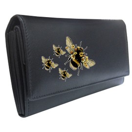 Klassek Bumblebee Womans Black Purse Busy Bee Brand Image on Real Animal Leather RFID Honey Accessory Gift