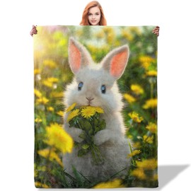 Plistiz Cute Bunny in Flowers Pattern Throw Blanket 50"x60", Cute Animal Lover Blankets for Bedroom Decor, Soft Flannel Polyester Bunny Gifts for Women Kids