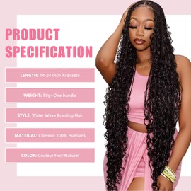 Boho Human Hair Braids Strands for African Braids Pre Stretched Hair 24" 50g Knotless Water Wave Braids Hair Extensions Black Natural