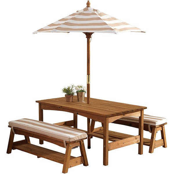 KidKraft 00 Outdoor Table and Bench Set with Cushions and Umbrella, Espresso with Oatmeal and White Striped Fabric
