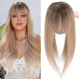 MY-LADY Hair Toppers for Women with Thinning Hair Loss 14 Inch Toppers Hair Pieces Straight Wiglets with Bangs 6"x6" Lace Base Clip in Synthethic Hairpieces Mixed Blonde to White with Dark Root