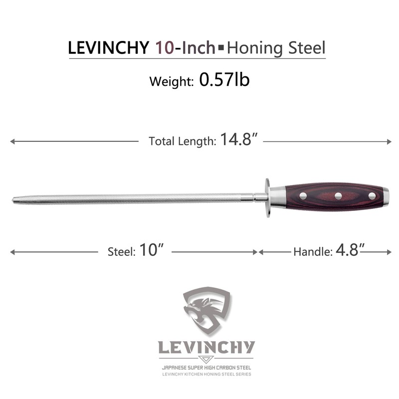 LEVINCHY 10 inch Honing Steel with Pakkawood Handle, Knife Sharpener