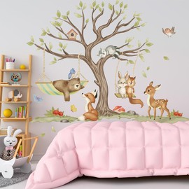 SMAOSTORE Large Tree Wall Sticker Stylish Bear Fox Swing Kids Room Bedroom Bedroom Kindergarten Classroom Background Wall Waterproof Removable Wall Paper Wallpaper Sticker