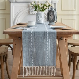 Country Rustic Linen Table Runner with Tassel Striped Farmhouse Boho 60 Inches Long Table Runners for Kitchen Dining Holiday Party Wedding Home Decoration ( Blue, 13" W X 60" L)