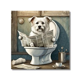 Square Canvas Bathroom Wall Painting Animals Reading Newspaper Theme Bathroom Wall Painting Wall Art Decor Wall Decoration Home Gift (White Terrier Dog, 13.3x13.3 inches-34x34cm)