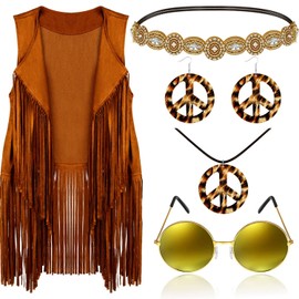 Frienda 6 Pcs 60s 70s Outfit for Women Hippie Halloween Costume Set Peace Sign Earring Headband Fringe Vest Tassel Cardigan(Large,Khaki)
