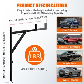 EliteEdge Ladder Rack for Pickup Load 250 lbs,44.5-49.5" Adjustable Height, 19"-34 "Retractable Width Steel Ladder Rack for Truck,Ladder Stand,for Kayak, Surfboard, Construction Wood, Ladder