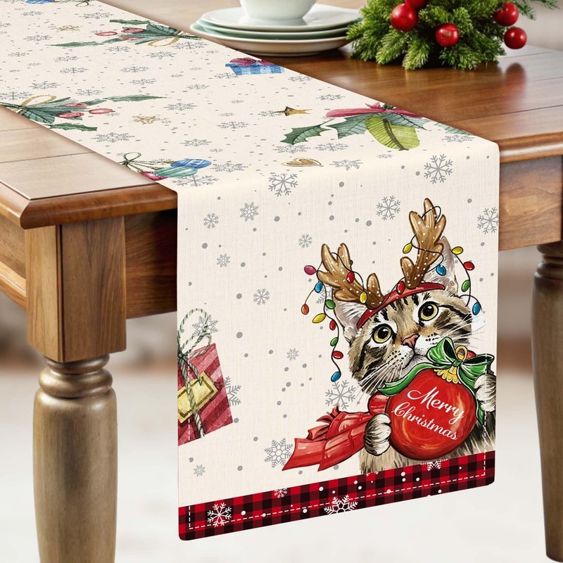 Christmas Reindeer Cat Table Runner, Holly Snowflake Farmhouse Xmas Decor