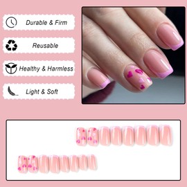 Ceboic Pack of 24 Glue-On Nails, Short Square, Glossy Nude French Artificial Nails, Press On Nails with Heart Designs, Red & Purple Acrylic Fingernails, Artificial Nails for Women and Girls