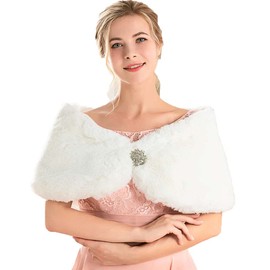 EVAZEN Faux Fur Shawl Wedding Beige Fur Wraps Shawls Sleeveless Bridal Fur Stole for Brides and Bridesmaids (White, M)