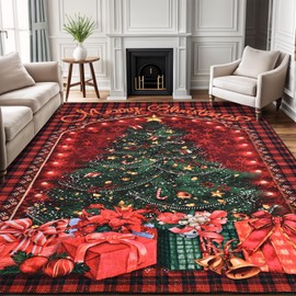 FRAMICS 5 × 7 Christmas Rug, Christmas Tree Area Rug Red and Black Buffalo Plaid, Washable Non Slip Carpet Mat Indoor, Christmas Area Rugs for Bedroom Living Room Laundry Room, Holiday Home Decoration
