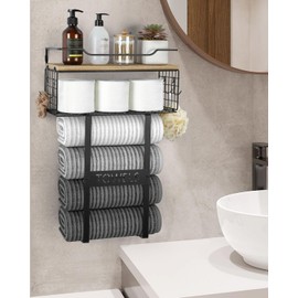 Towel Racks for Bathroom Wall Mounted - Bath Wall Towel Holder Set Above Toilet Storage, Rolled Towel Shelf Organizer for Small Bathroom, Wood Vertical Towel Rack for Bathroom Wall Decor