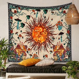 Sun & Mushroom Print Tapestry, Vintage Hanging Blanket, Wall Hanging Decor for Home Living Room Bedroom - pattern: Sun, Size: 130cmx150cm